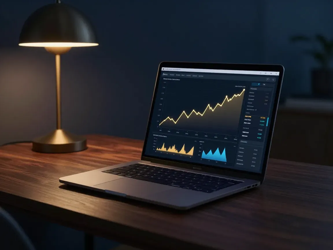 Laptop with a rising analytics chart on a dark desk beside a warm lamp